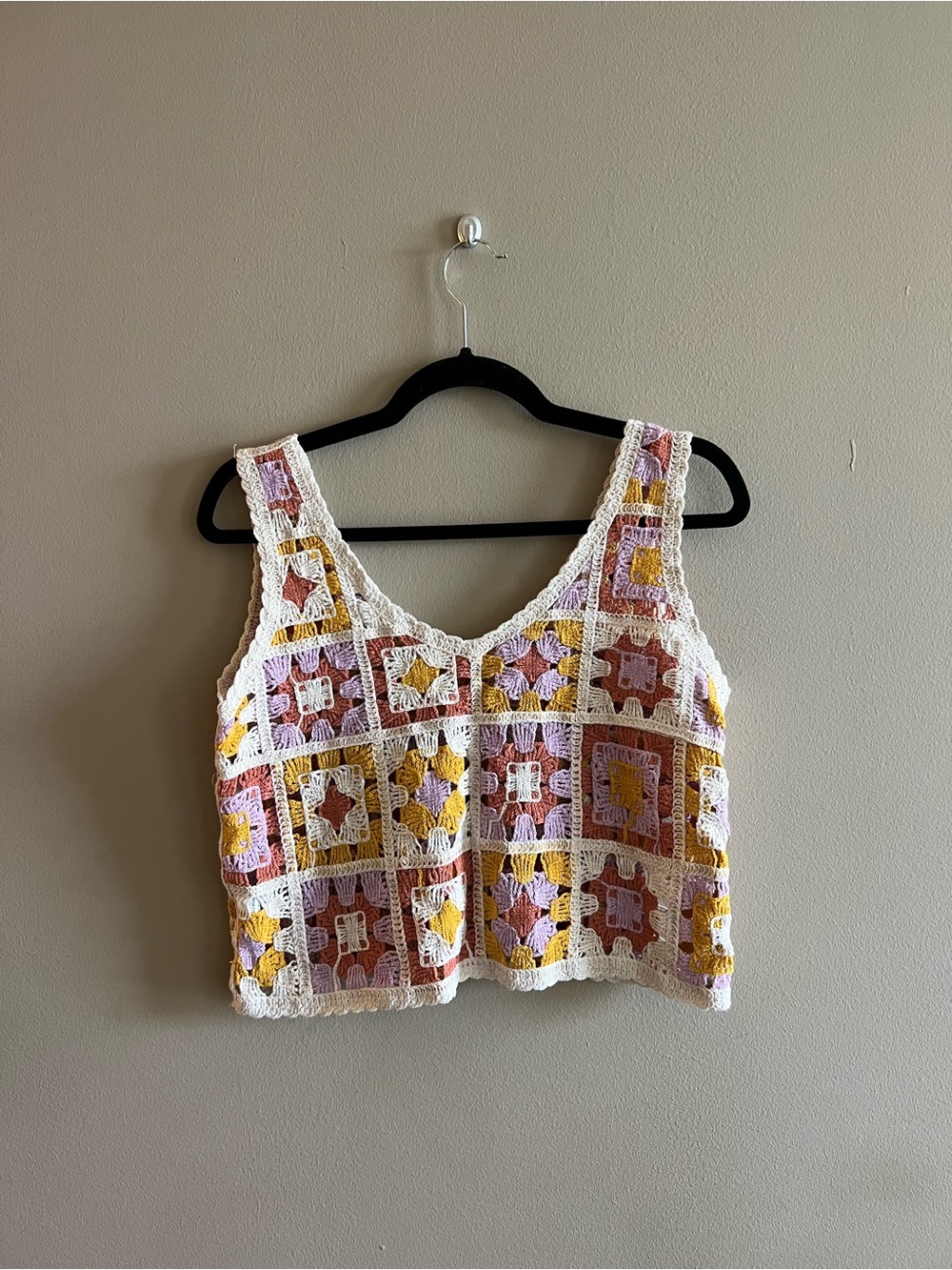 Rebellion Crochet Square-Panel Crop Top in White, Pink & Yellow
